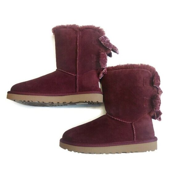 UGG Bailey Bow Crushed Velvet Suede Boots Womens Size 6 Wine Grape 1138171 - Picture 7 of 11